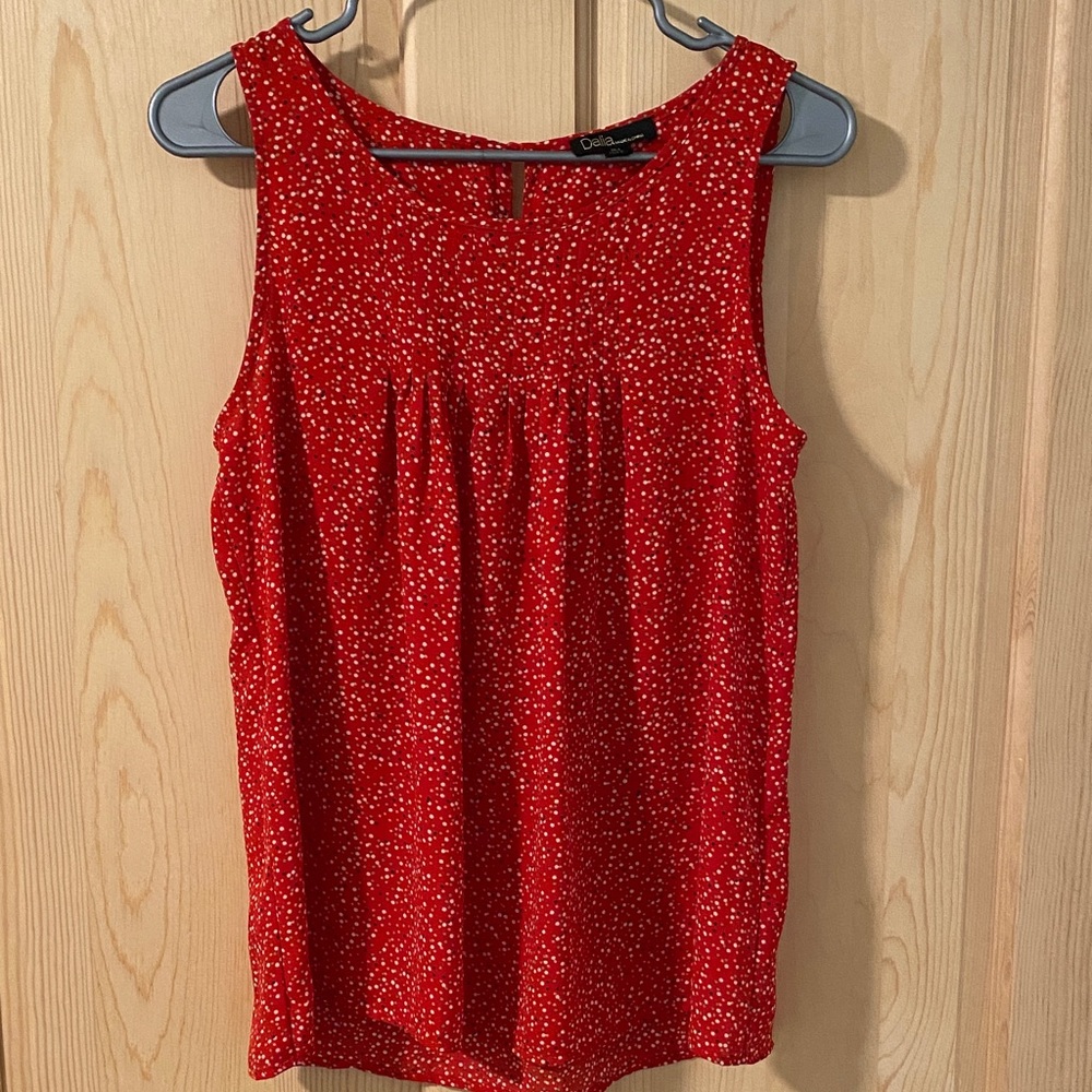 Dalia Red Top with Multicolored Speckles/Polka Dots.